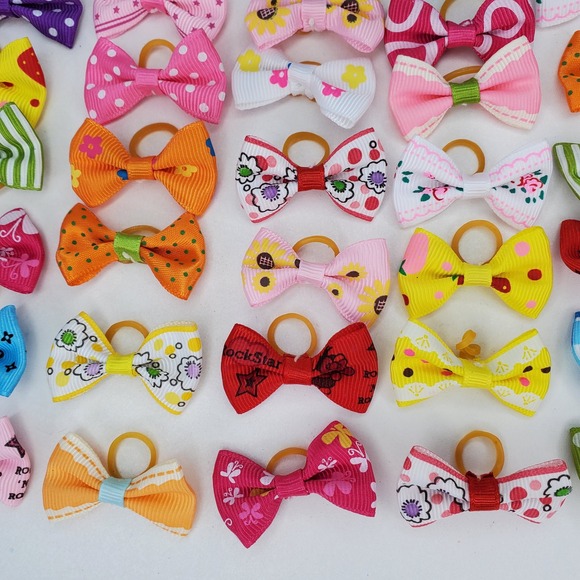 50pc Bulk Lot Mini Grosgrain Ribbon Hair Bows Small Elastic Bands Pet Grooming - Picture 5 of 8